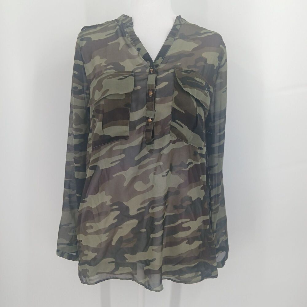 womens metaphor size small sheer camo camouflage print long sleeve blouse top